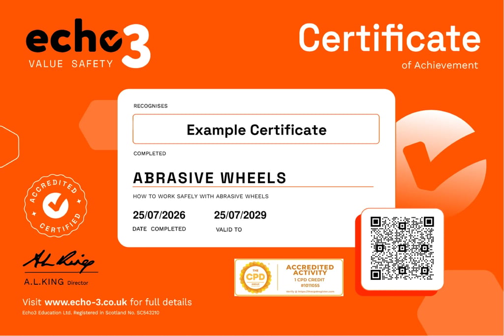 An Echo3 certificate of achievement for Abrasive Wheels, carrying the CPD accreditation mark and a QR verification code