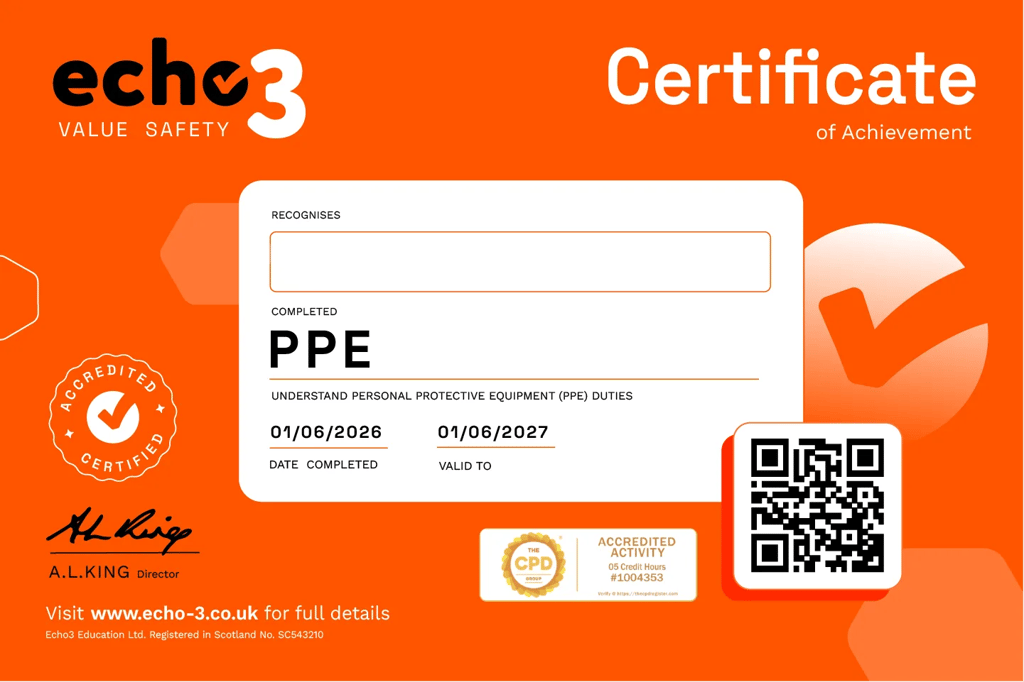An Echo3 accredited training certificate with a QR verification code