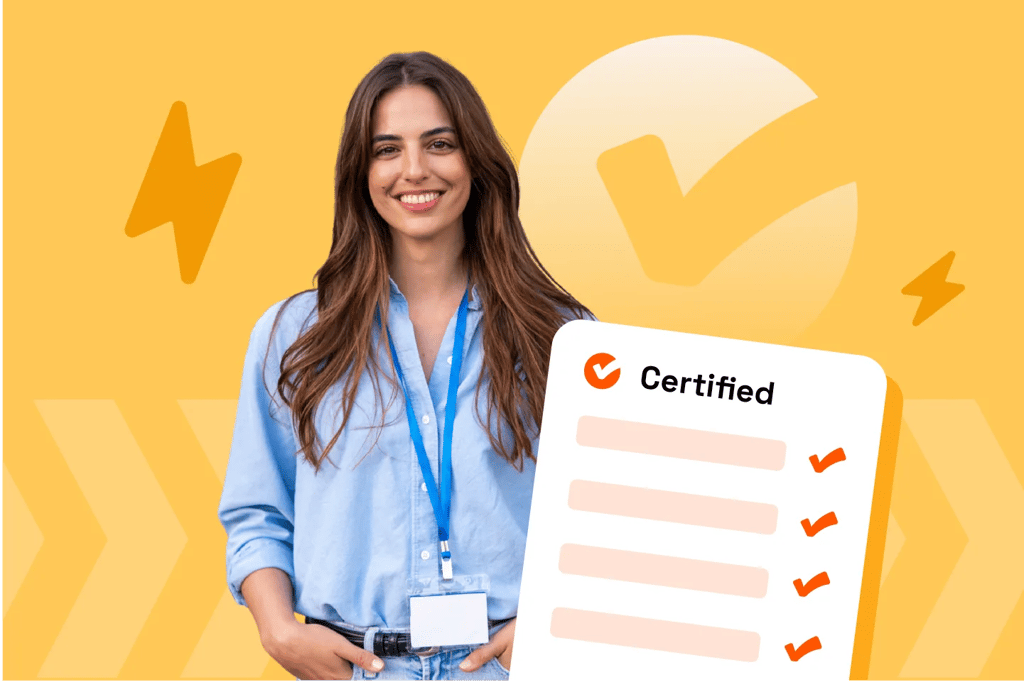 A smiling learner holding a completed, certified Echo3 course checklist