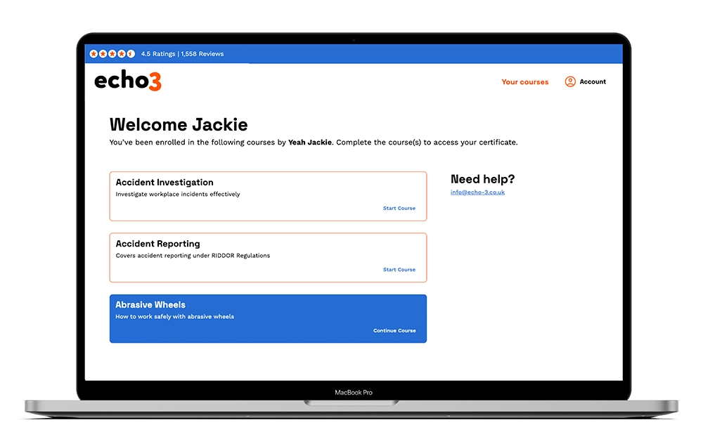 The Echo3 learner dashboard, showing a learner's enrolled courses and their progress