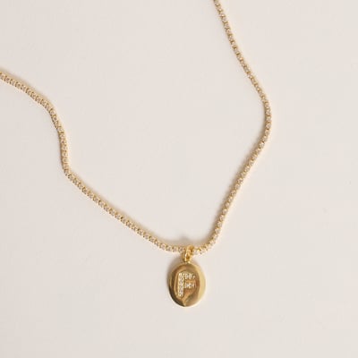 Colar Riviera pingente medalha letra F cravejada 12mm 40cm com alongadora