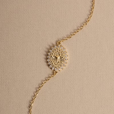 Pulseira entremeio medalha Espírito Santo borda cravejada 17mm 16cm com alongadora