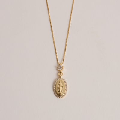 Colar pingente medalha milagrosa Nsa. Sra. das Graças com cravejado 14mm 40cm com alongadora