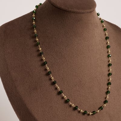 Colar entremeios cristais esmeralda e bolas 40cm com alongadora