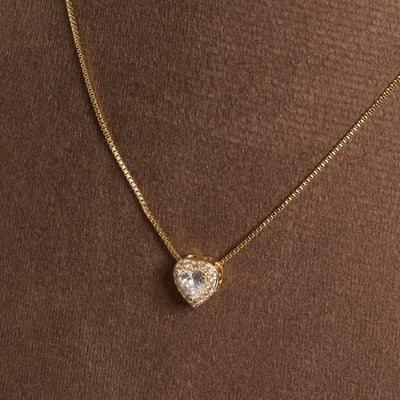 Colar zircônia coração com cravejado 9mm 45cm com alongadora