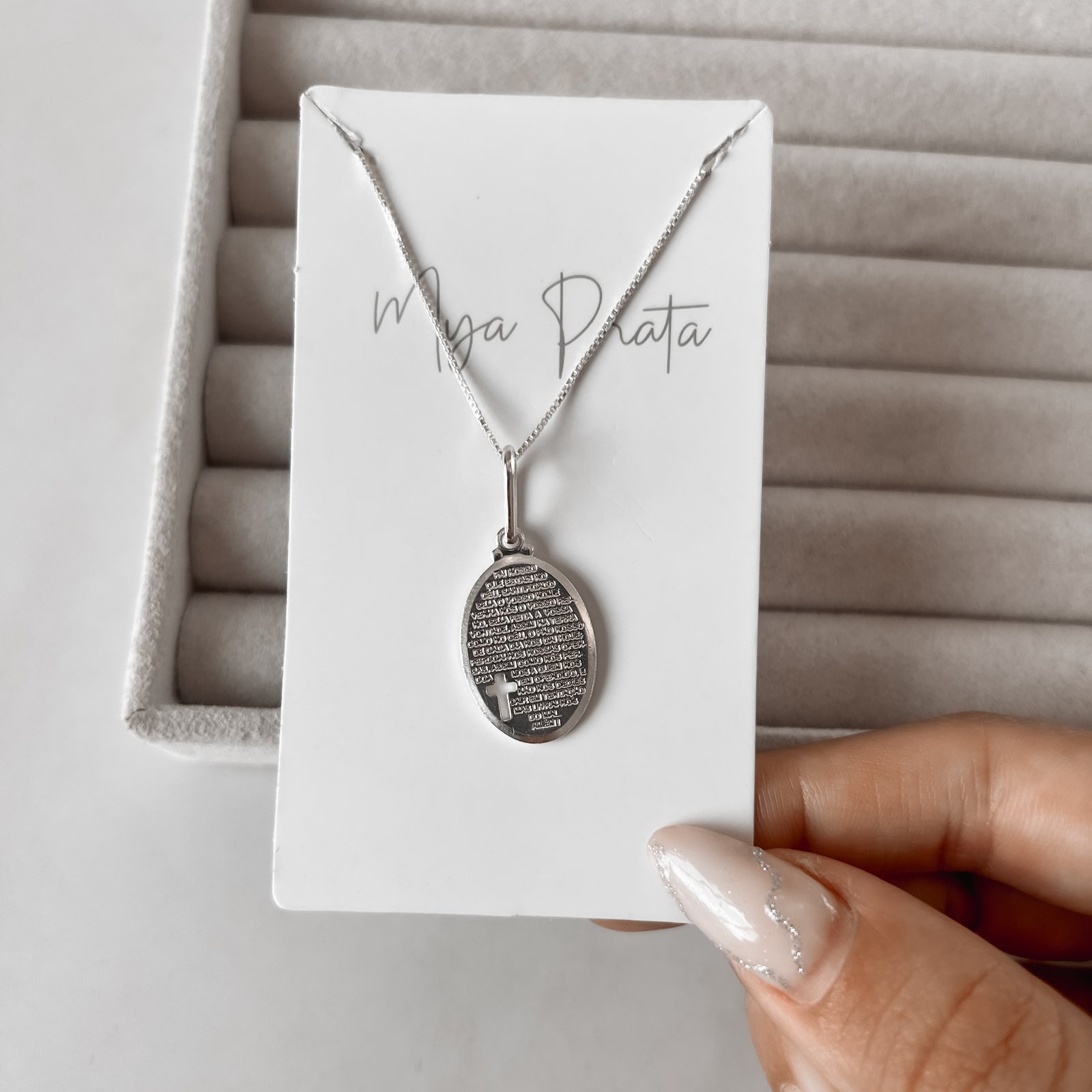Colar pingente medalha Pai Nosso oval 23mm 45cm