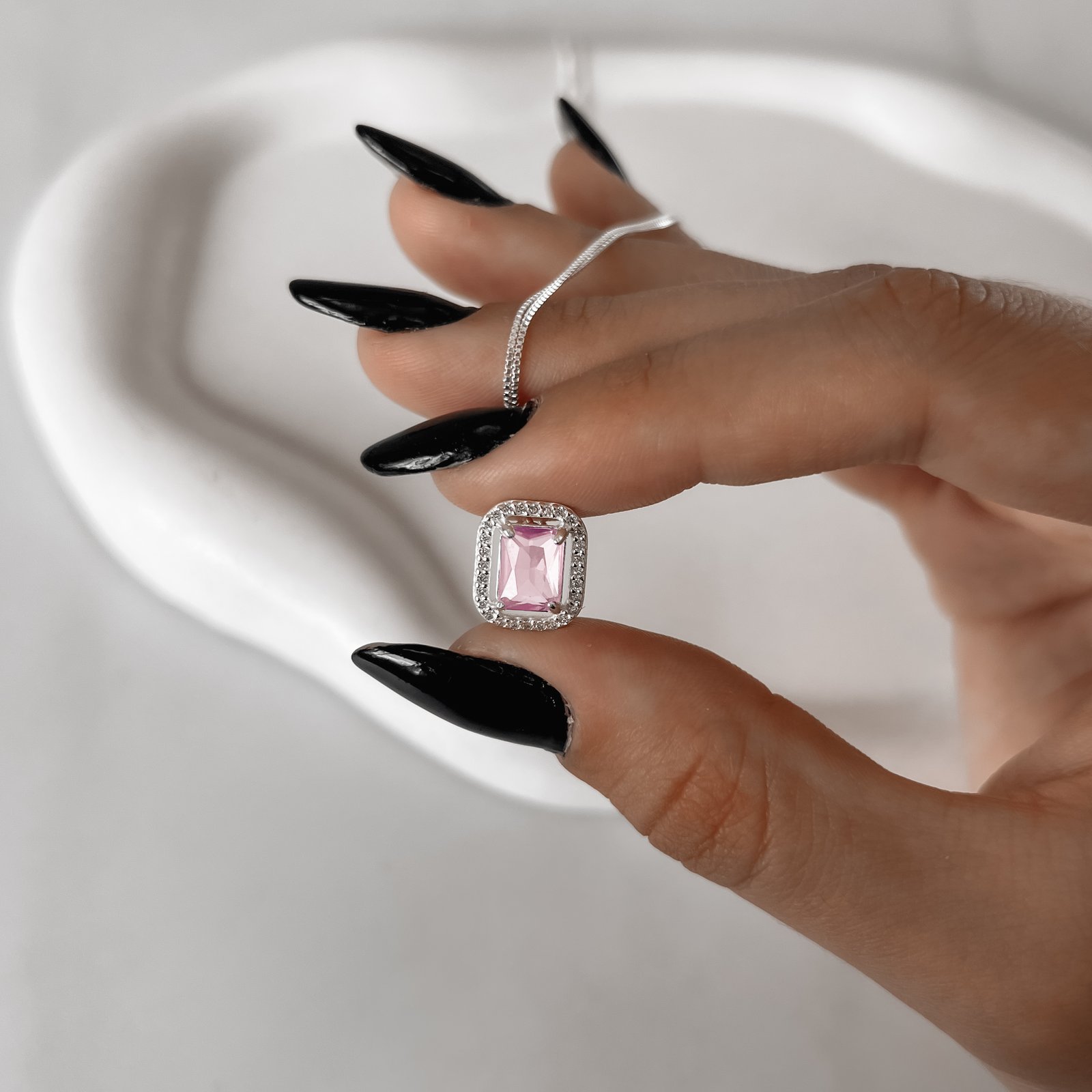 Colar zircônia retangular rosa com cravejado 13mm 45cm