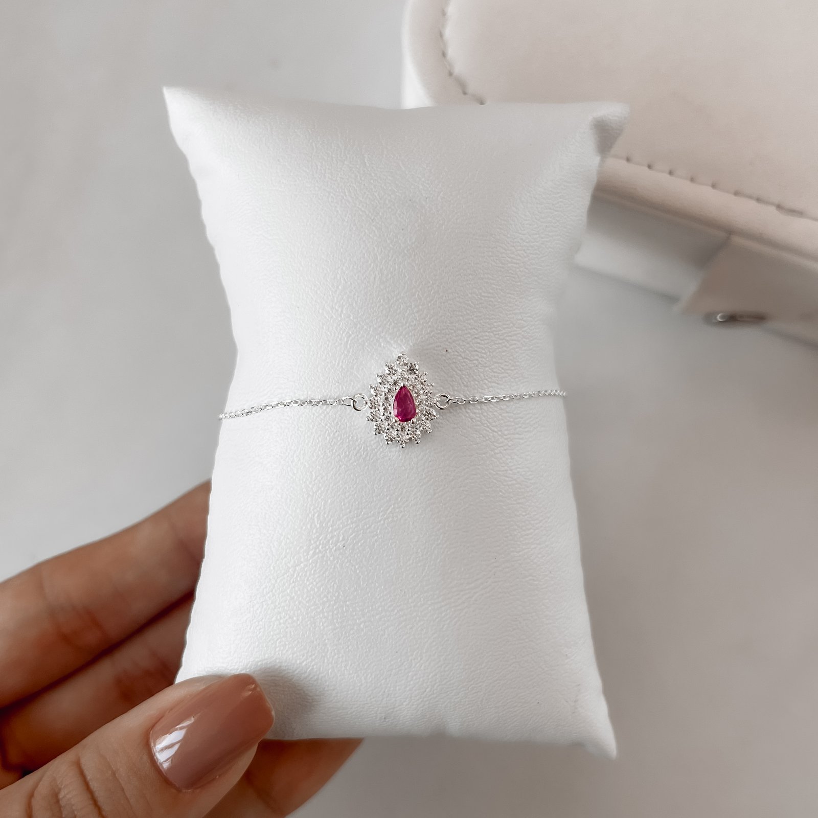 Pulseira entremeio zircônia gota rosa com cravejado 13mm