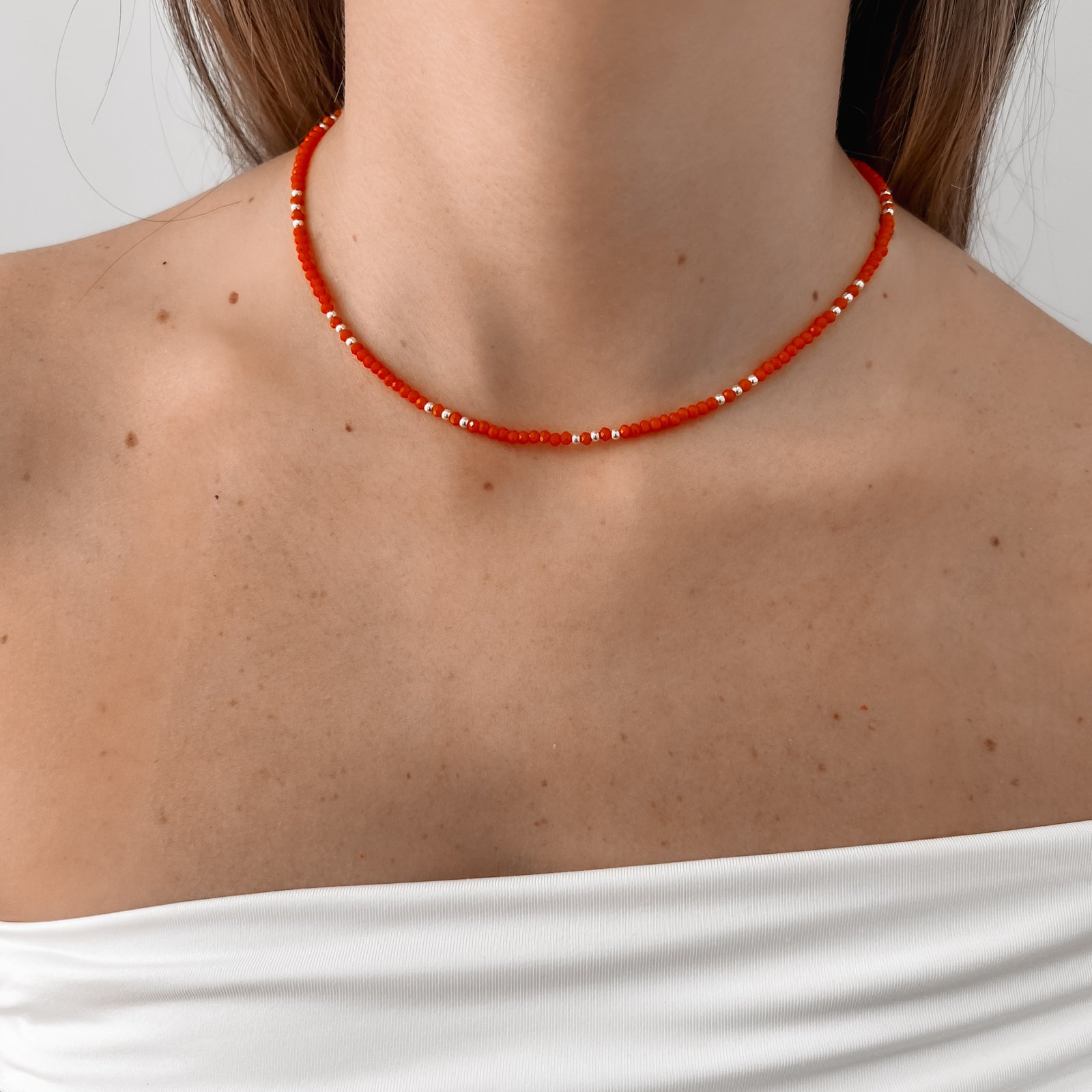 Colar cristal laranja 3mm com bolas 40+5cm