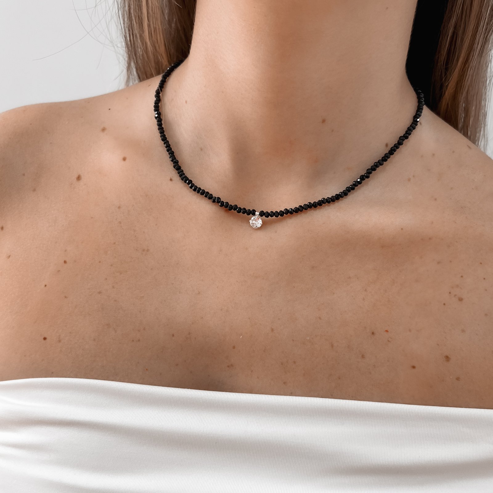 Colar cristal ônix 3mm pingente zircônia 6mm 40+5cm