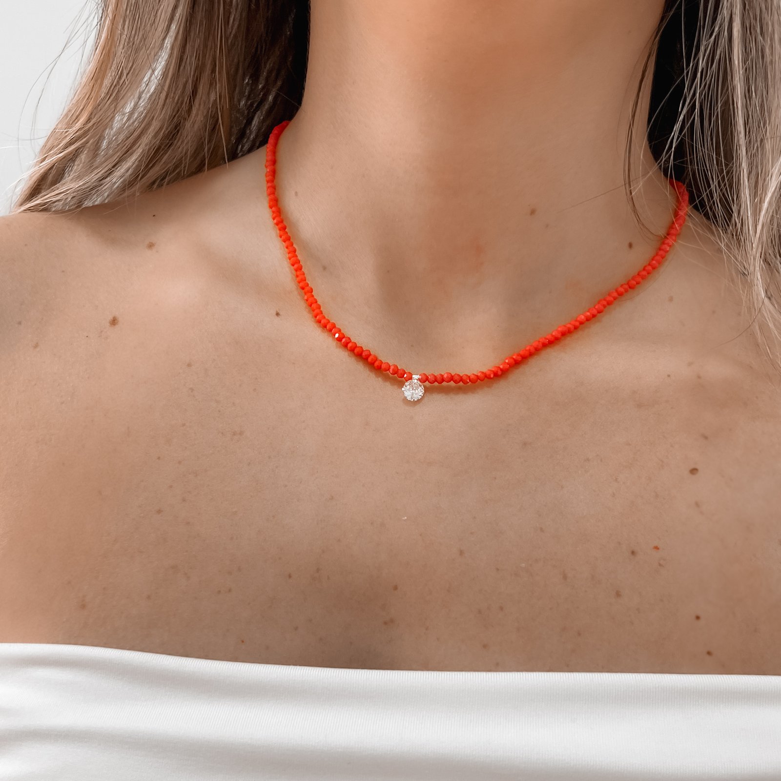 Colar cristal coral 3mm pingente zircônia 6mm 40+5cm