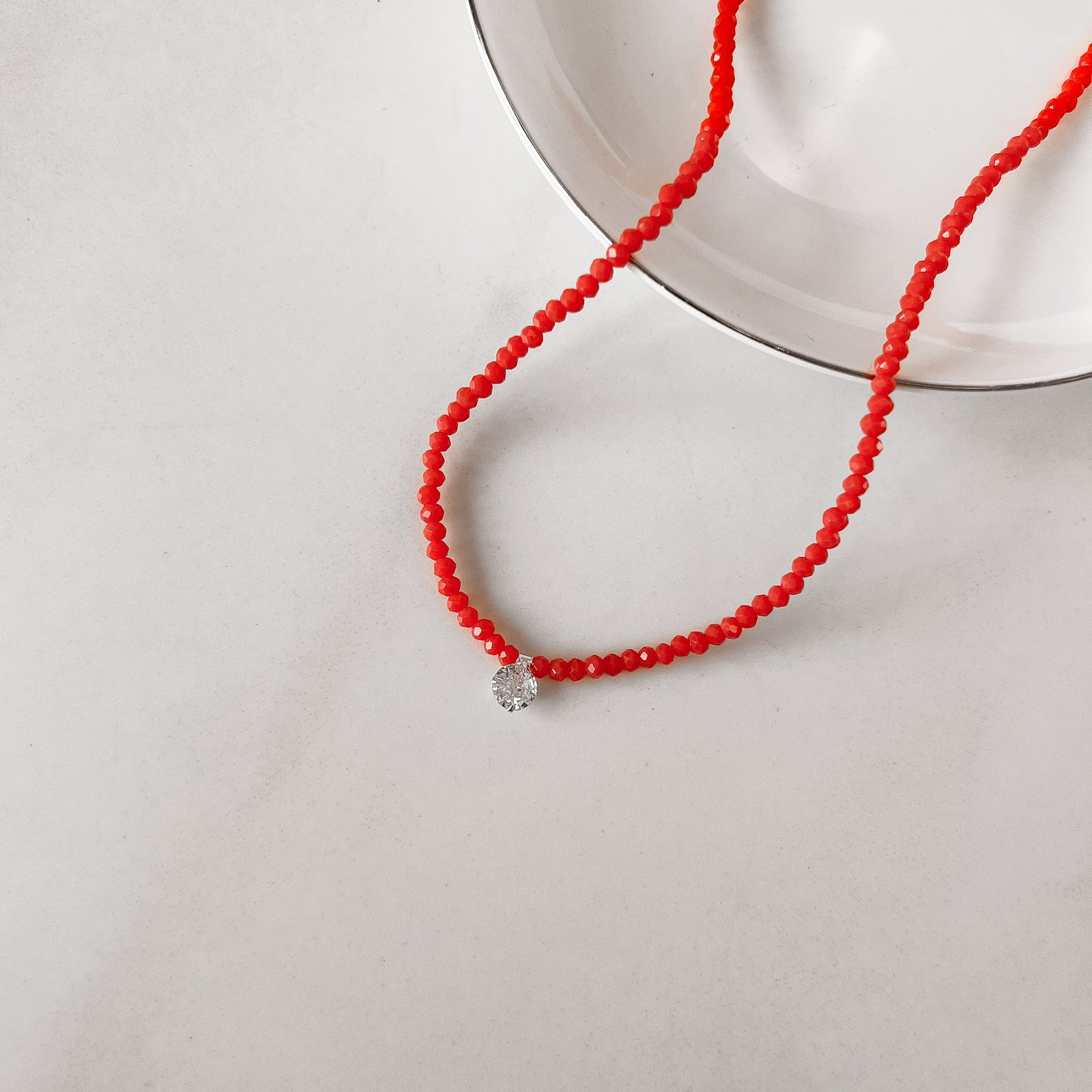 Colar cristal coral 3mm pingente zircônia 6mm 40+5cm