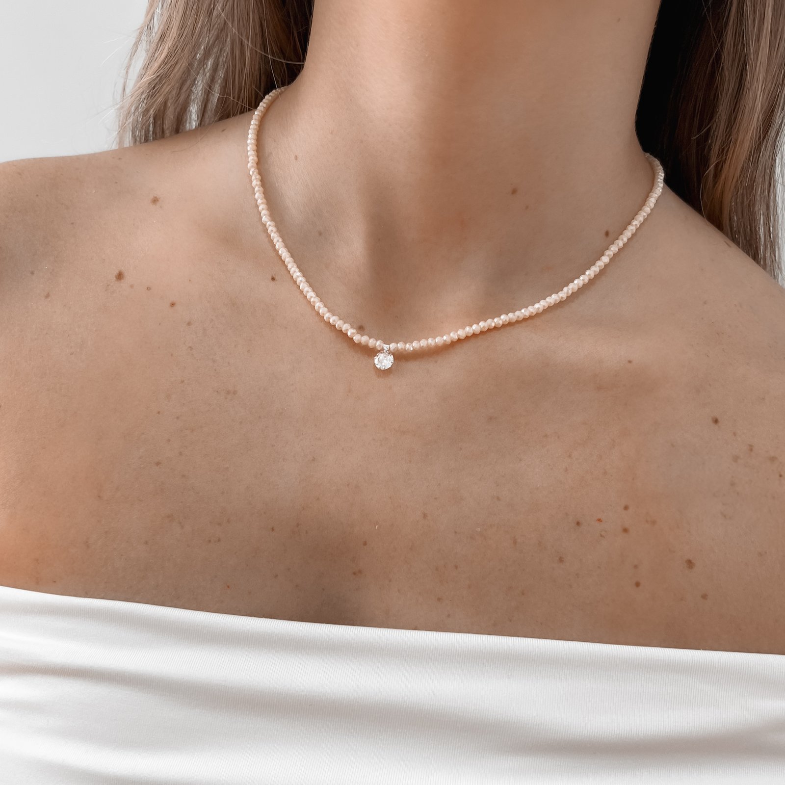Colar cristal nude irisado 3mm pingente zircônia 6mm 40+5cm