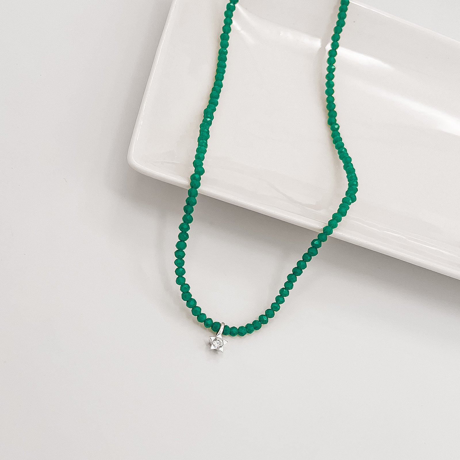 Colar cristal turquesa escuro 3mm pingente estrela com zircônia 5mm 40+5cm