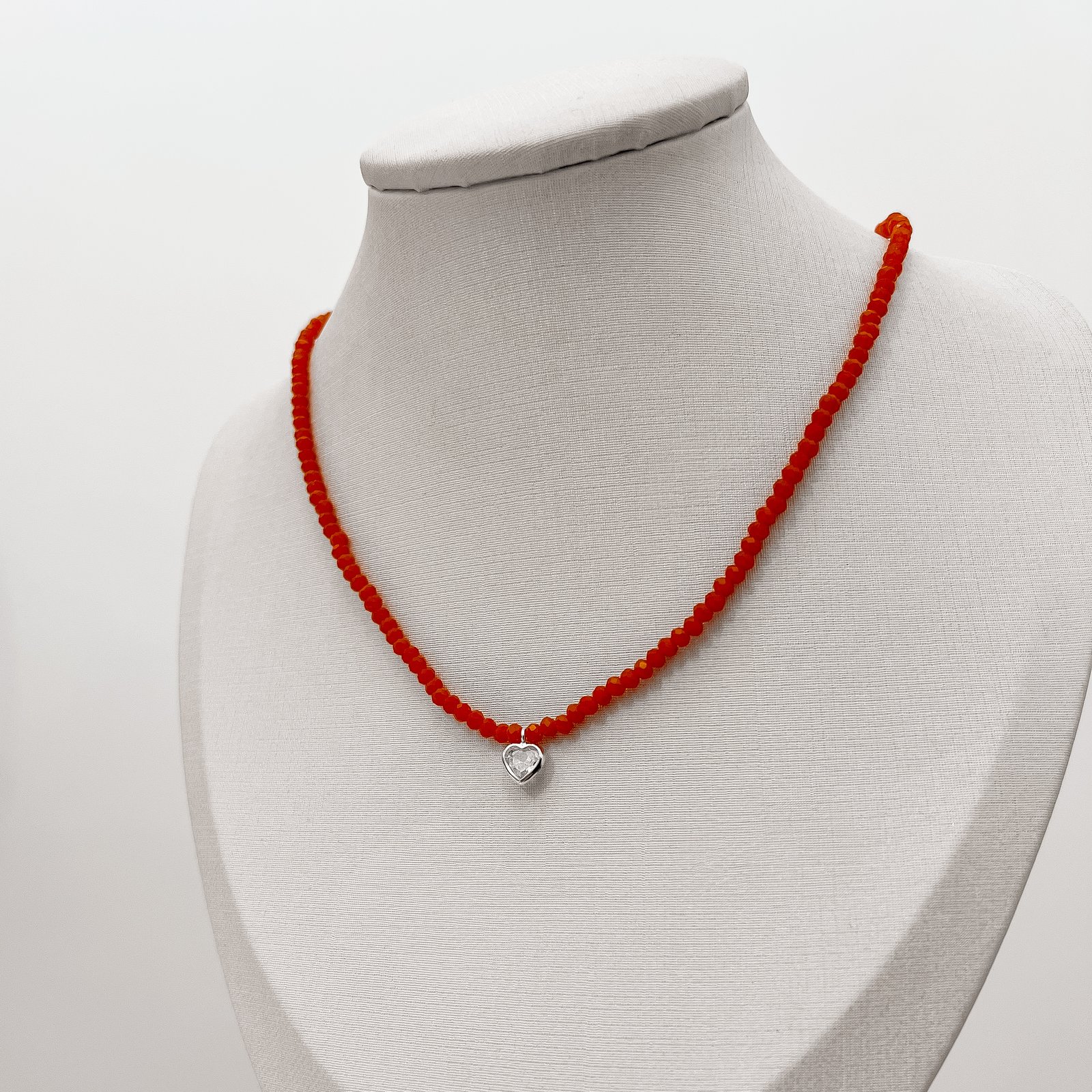 Choker cristal coral 3mm pingente zircônia coração cristal 6mm 40+5cm