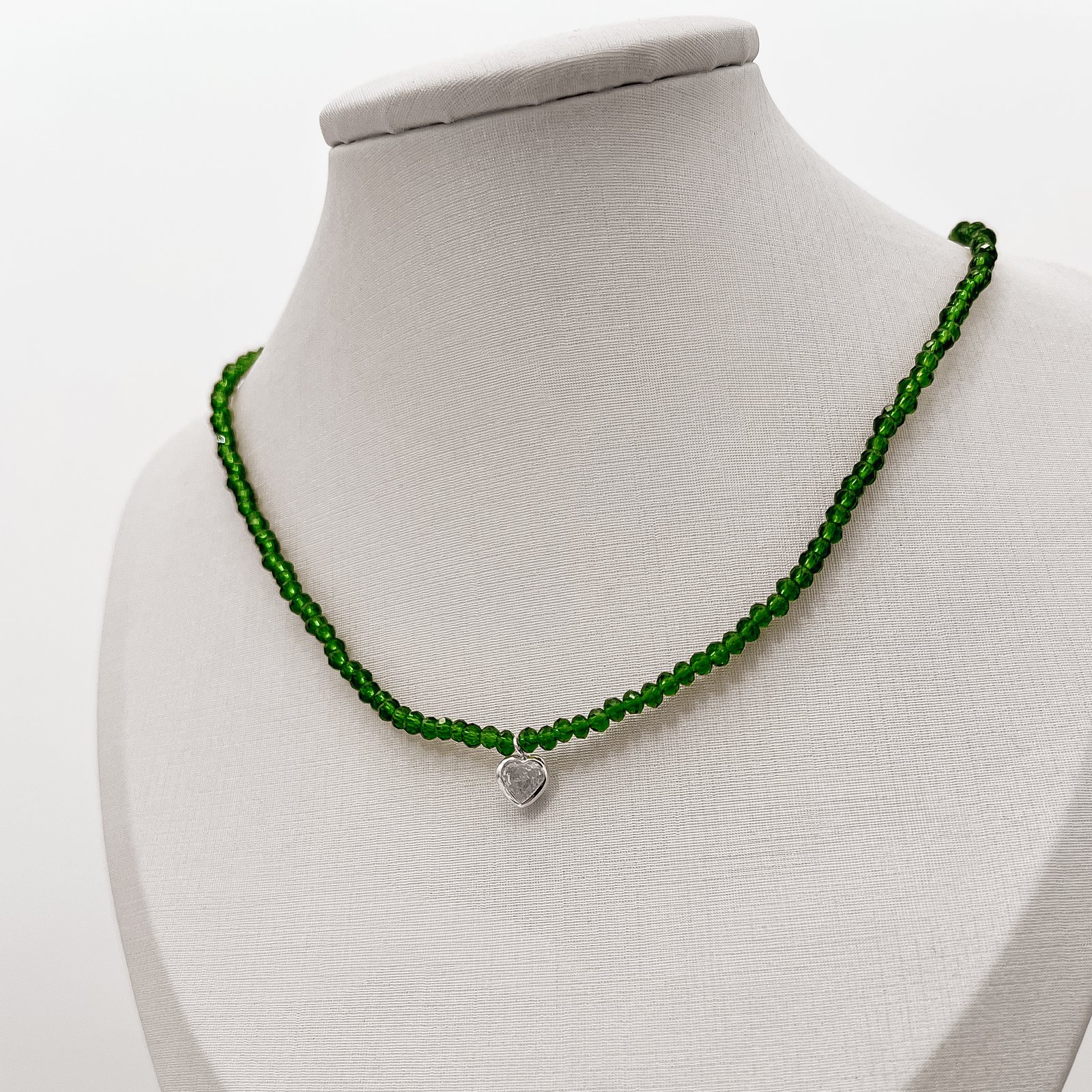 Choker cristal verde transparente 3mm pingente zircônia coração cristal 6mm 40+5cm