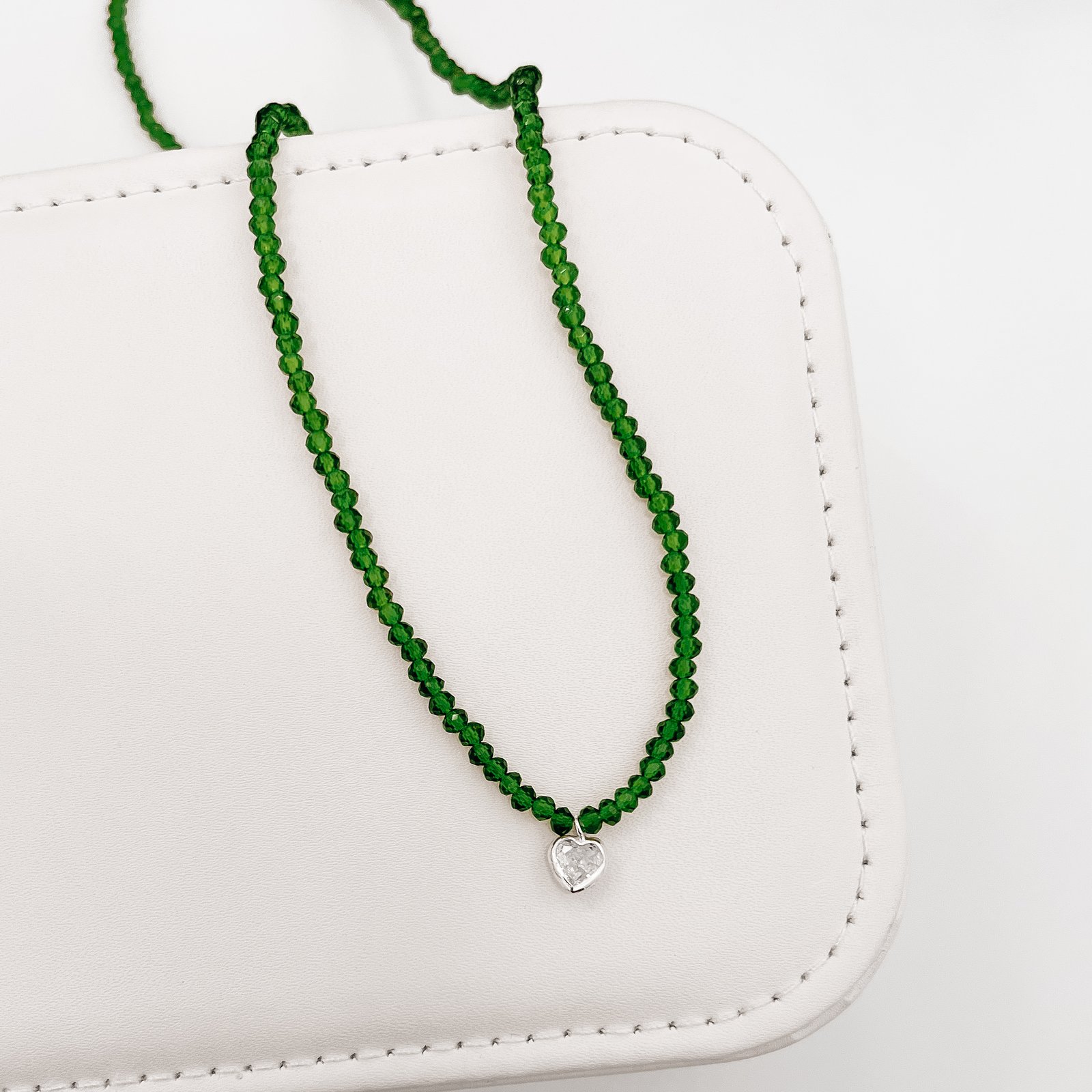 Choker cristal verde transparente 3mm pingente zircônia coração cristal 6mm 40+5cm