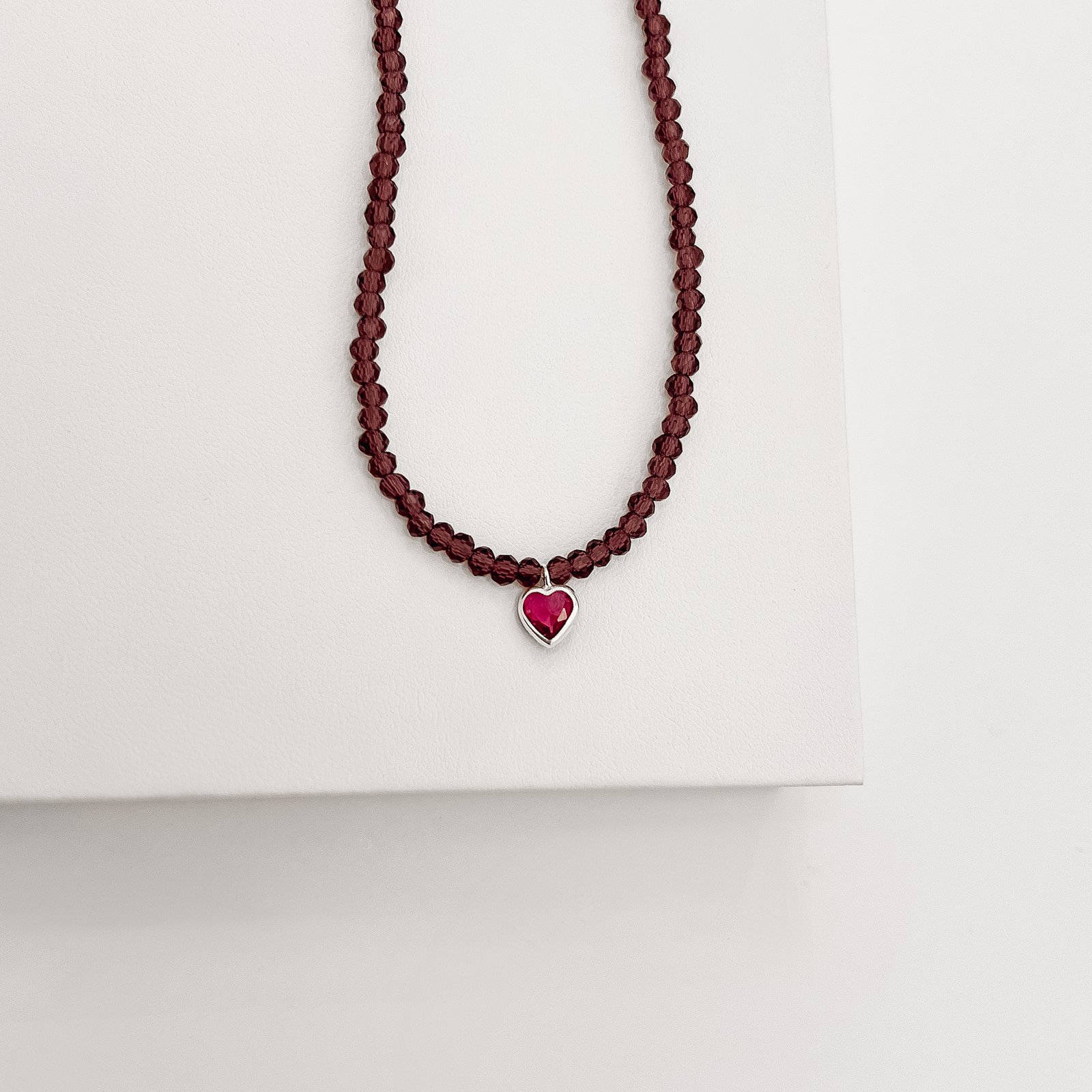 Choker cristal roxo transparente 3mm pingente zircônia coração rubi 6mm 40+5cm
