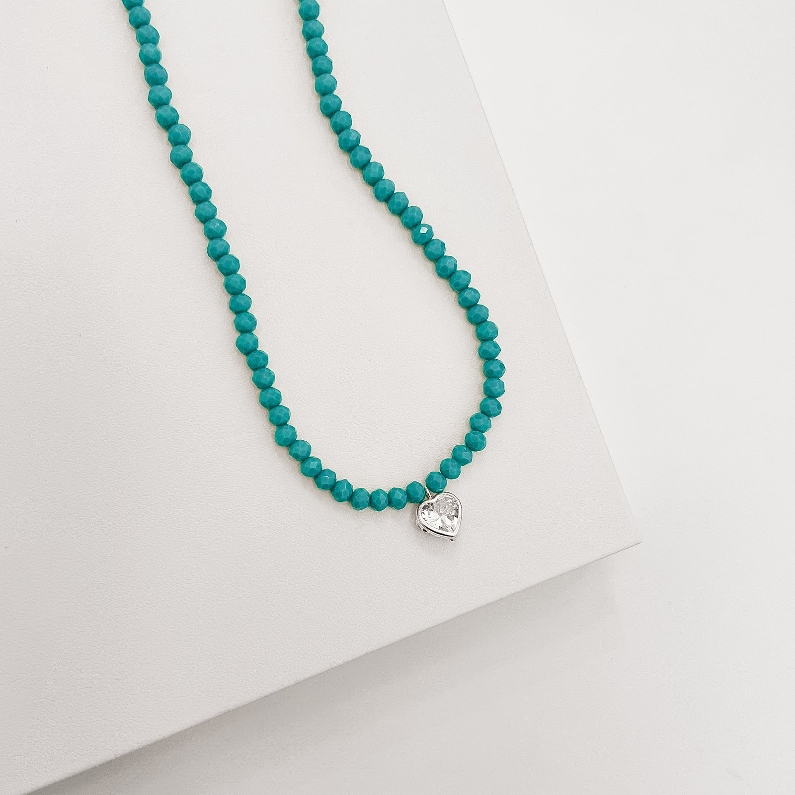 Choker cristal turquesa 4mm pingente zircônia coração cristal 8mm 40+5cm