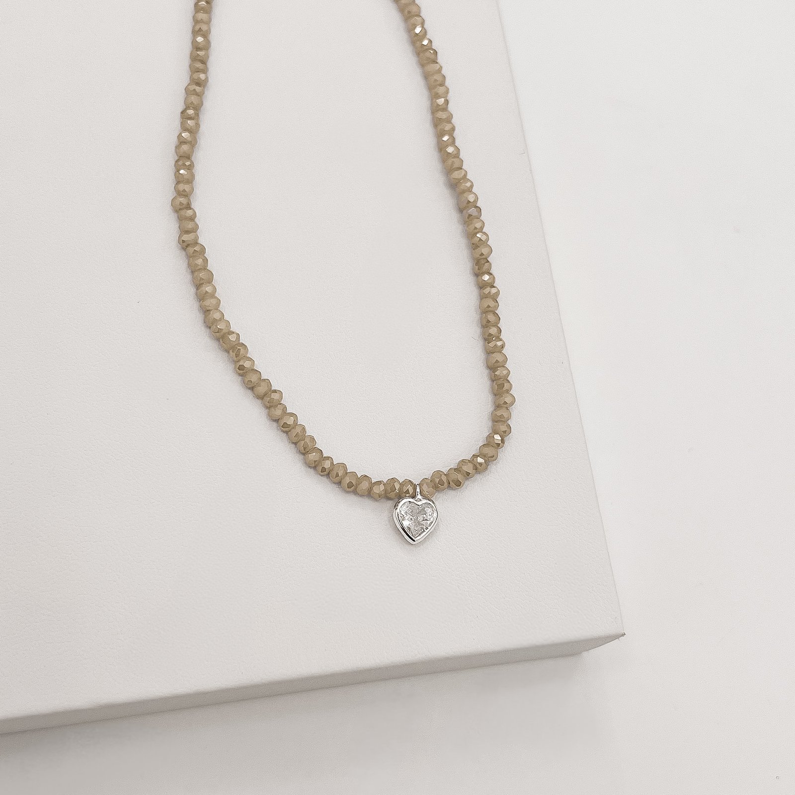 Choker cristal perolado champanhe 3mm pingente zircônia coração cristal 6mm 40+5cm
