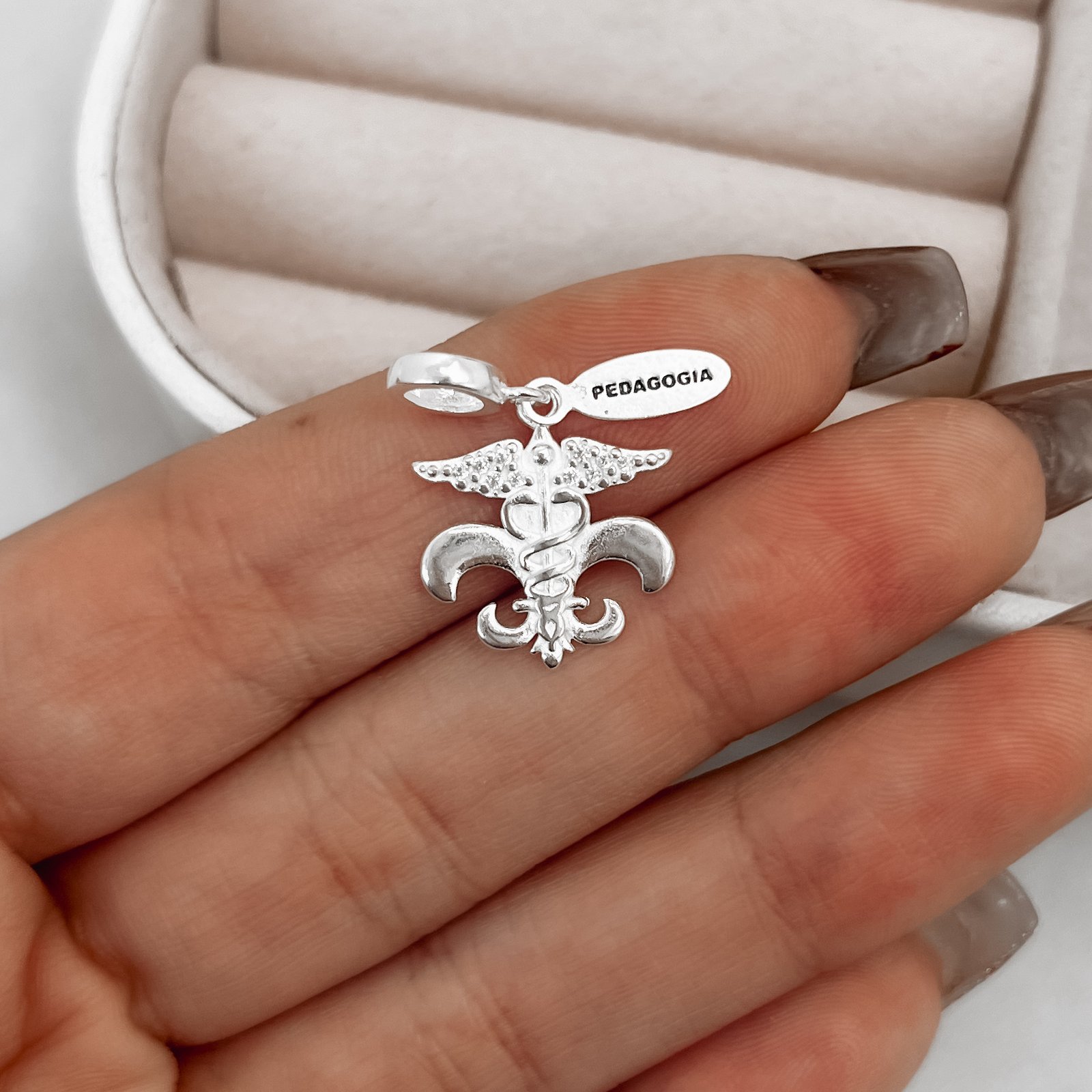 Berloque pingente placa Pedagogia com símbolo cravejado 14mm