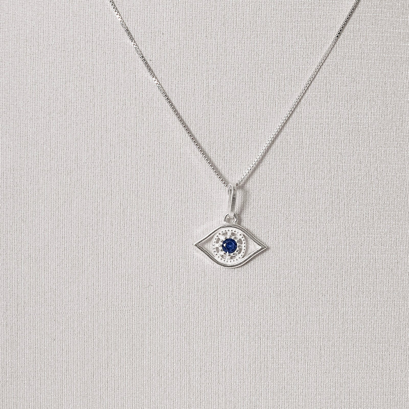 Colar pingente olho com zircônia azul 15mm 45cm
