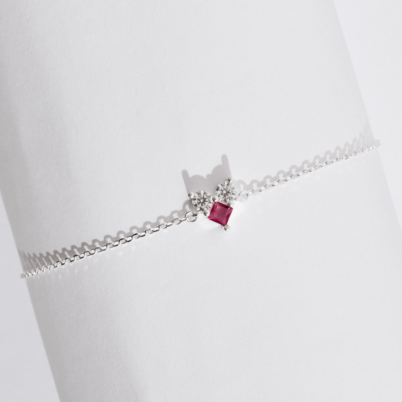 Pulseira entremeio zircônias redonda e losango rubi 7mm 16+4cm