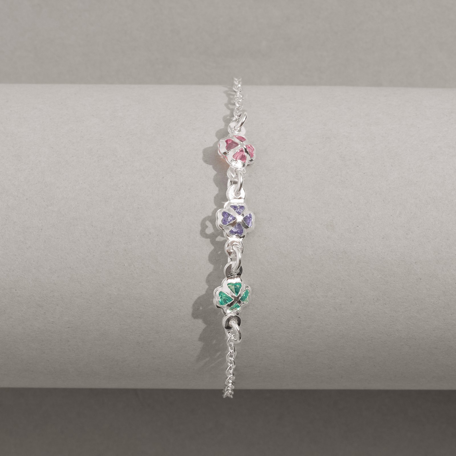 Pulseira infantil entremeio 3 trevos com zircônias coloridas 6mm 15cm