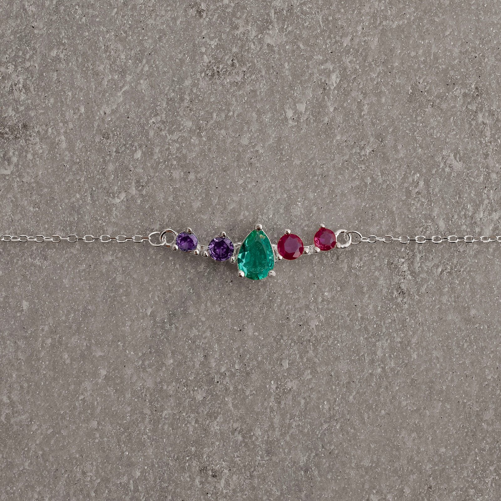 Pulseira entremeio zircônias gota turmalina e redondas lilás e pink