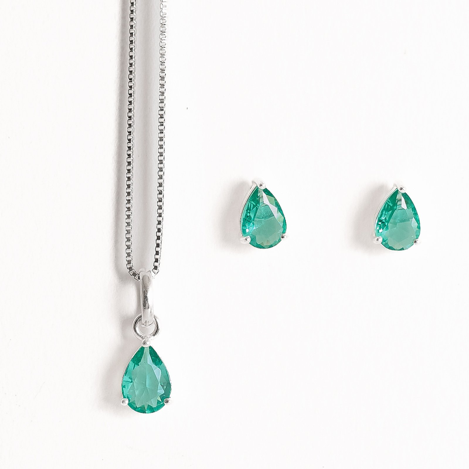 Conjunto brinco e colar zircônia gota turmalina 7x5mm 45cm