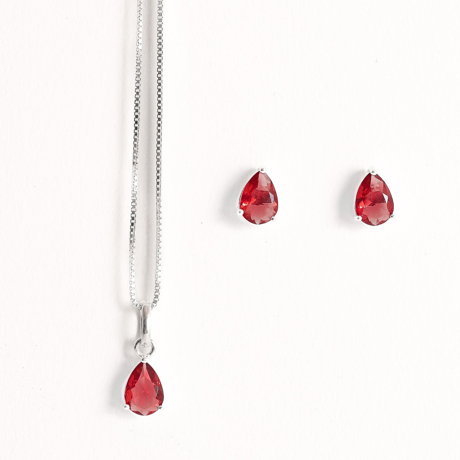 Conjunto brinco e colar zircônia gota rubi 7x5mm 45cm