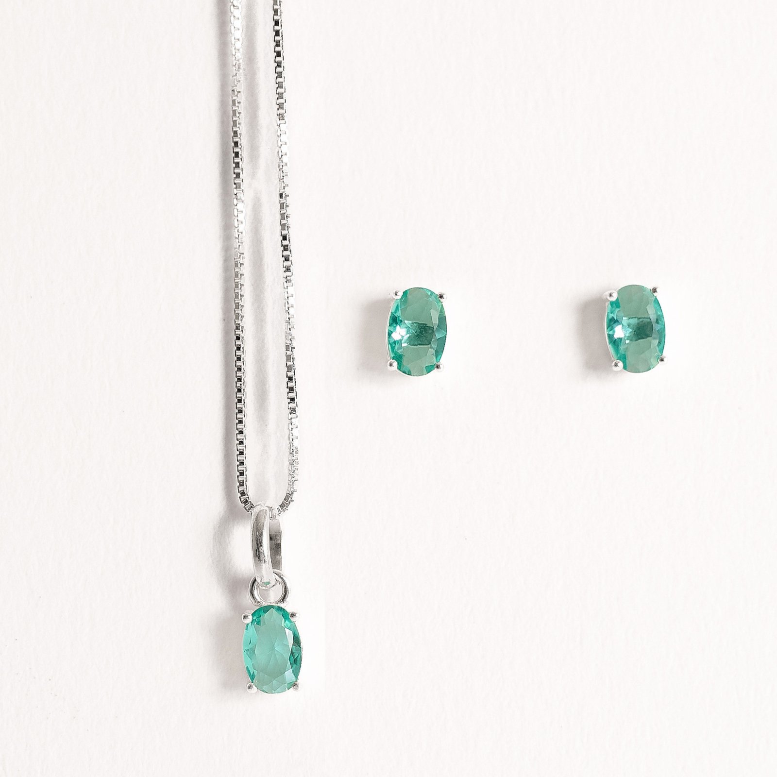 Conjunto brinco e colar zircônia oval turmalina 6x4mm 45cm