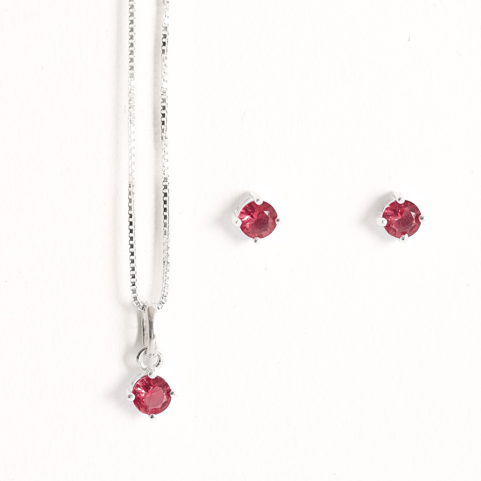 Conjunto brinco e colar zircônia redonda rubi 4mm 40cm
