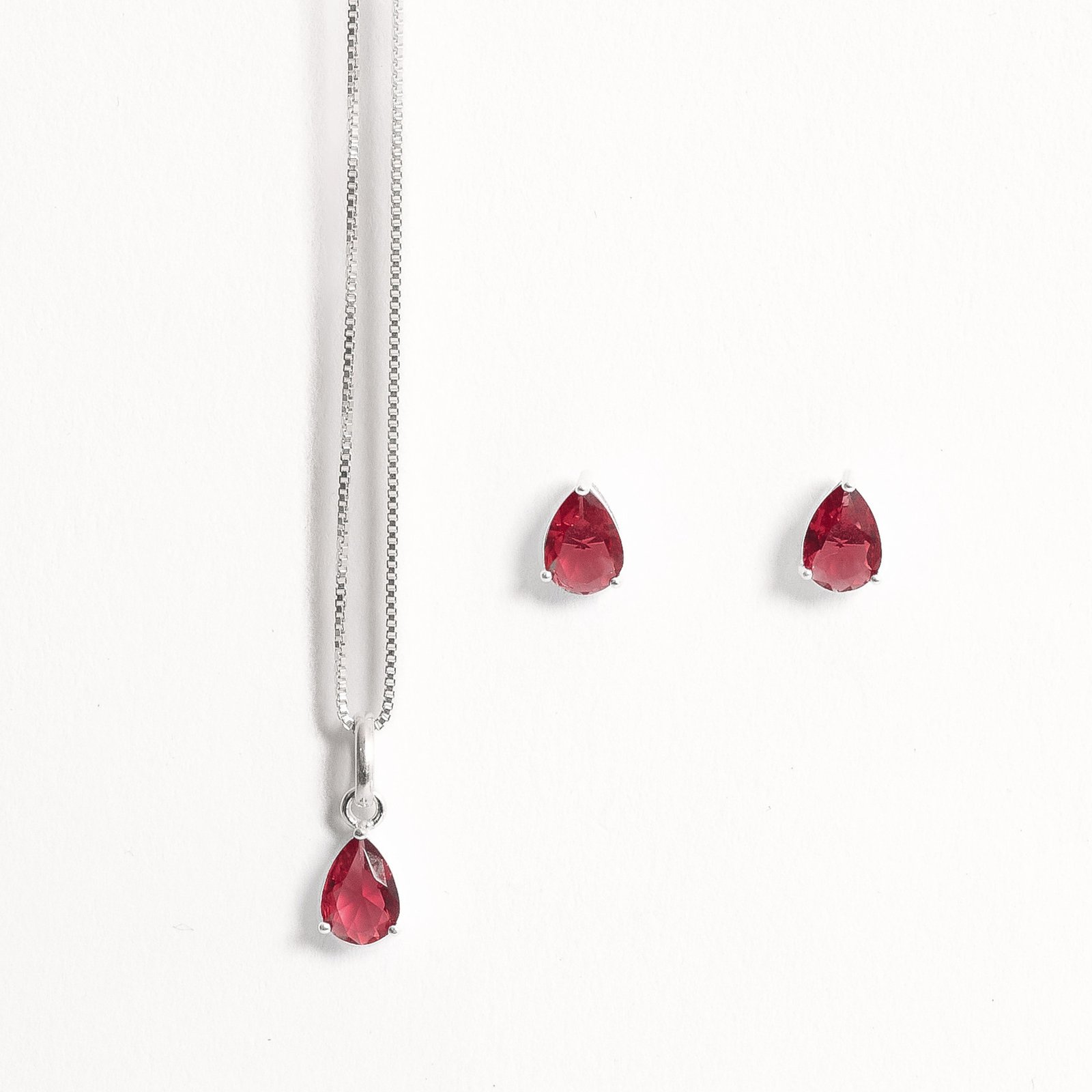 Conjunto brinco e colar zircônia gota rubi 6x4mm 40cm