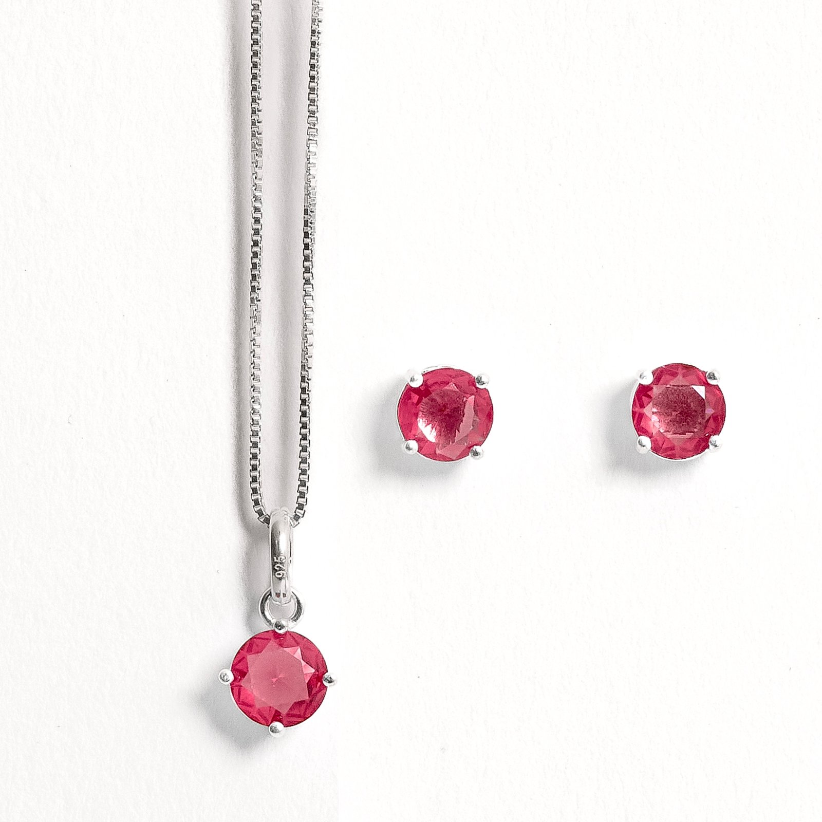 Conjunto brinco e colar zircônia redonda rubi 6mm 45cm