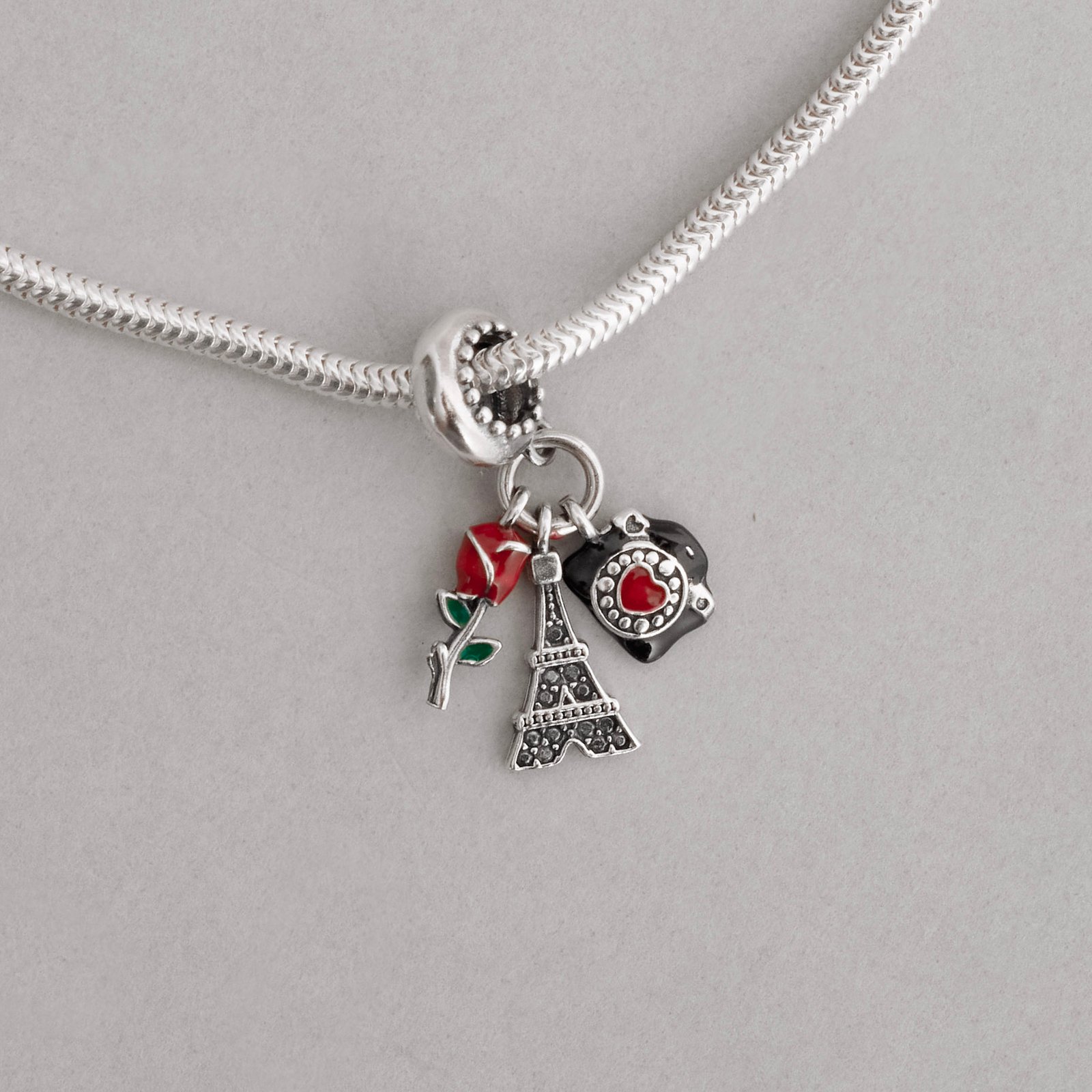 Berloque pingentes torre Eiffel cravejada, câmera e rosa envelhecido