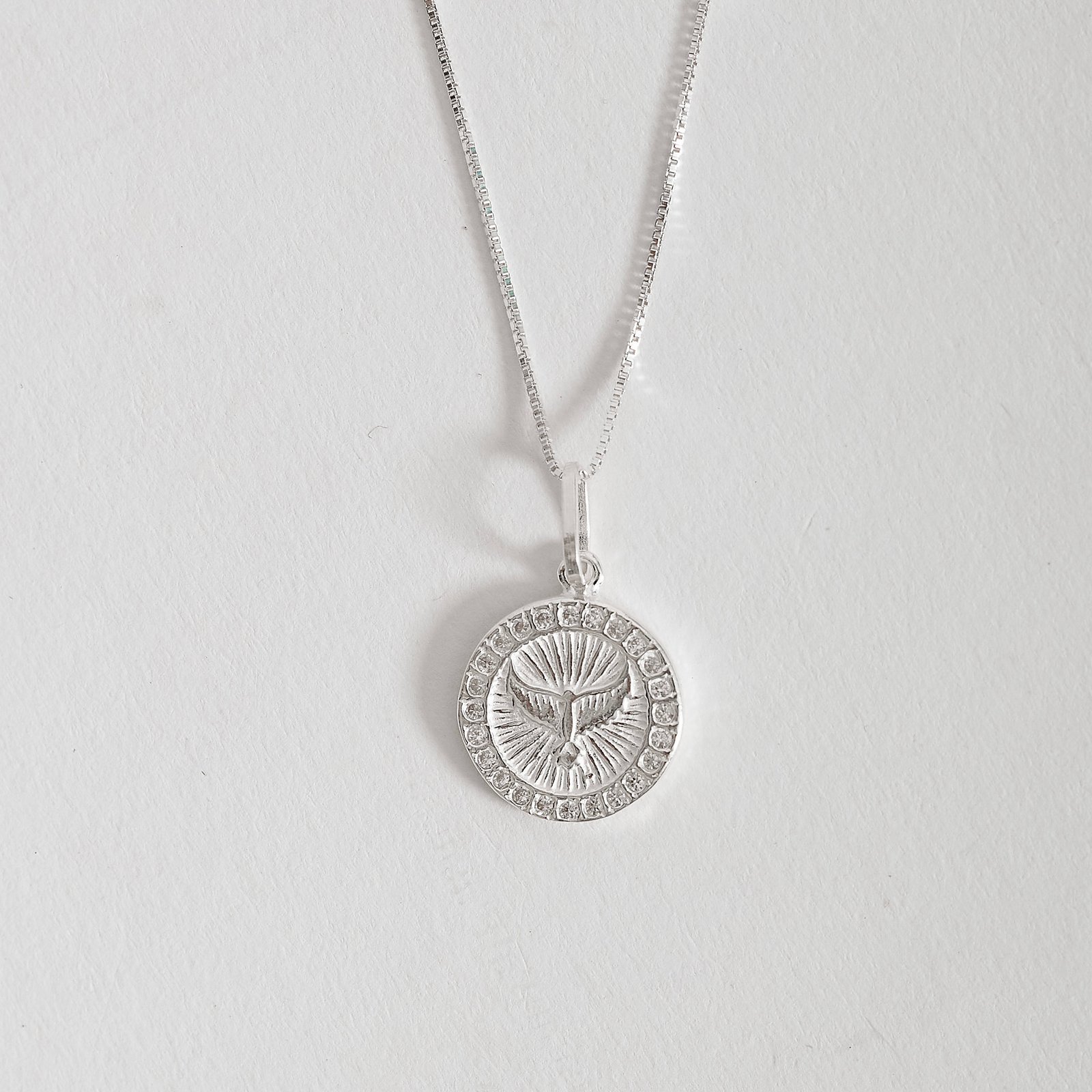 Colar pingente medalha Espírito Santo cravejado 14mm 45cm