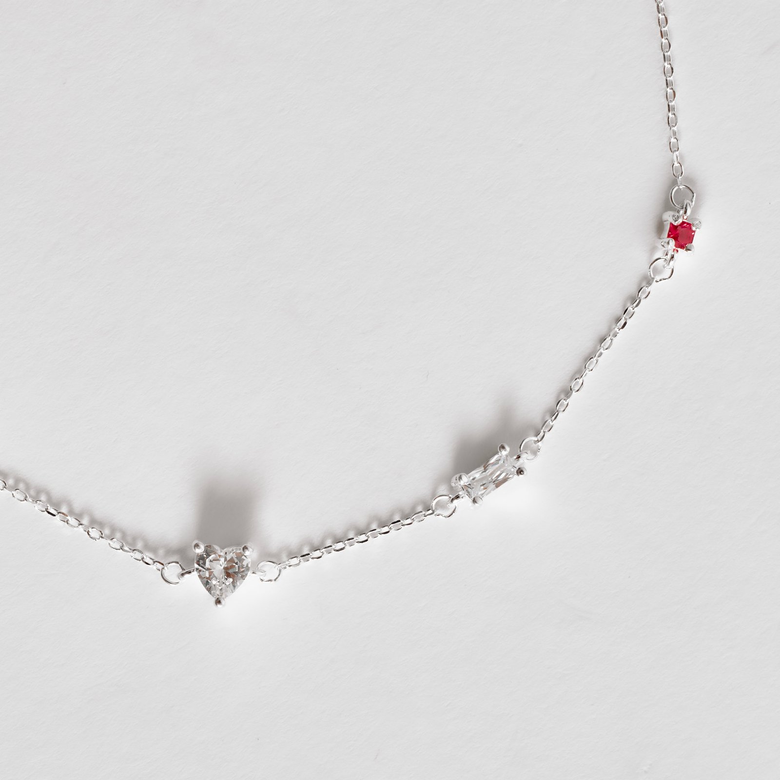 Pulseira entremeios zircônias quadrada rubi, retangular e coração cristal 16+4cm