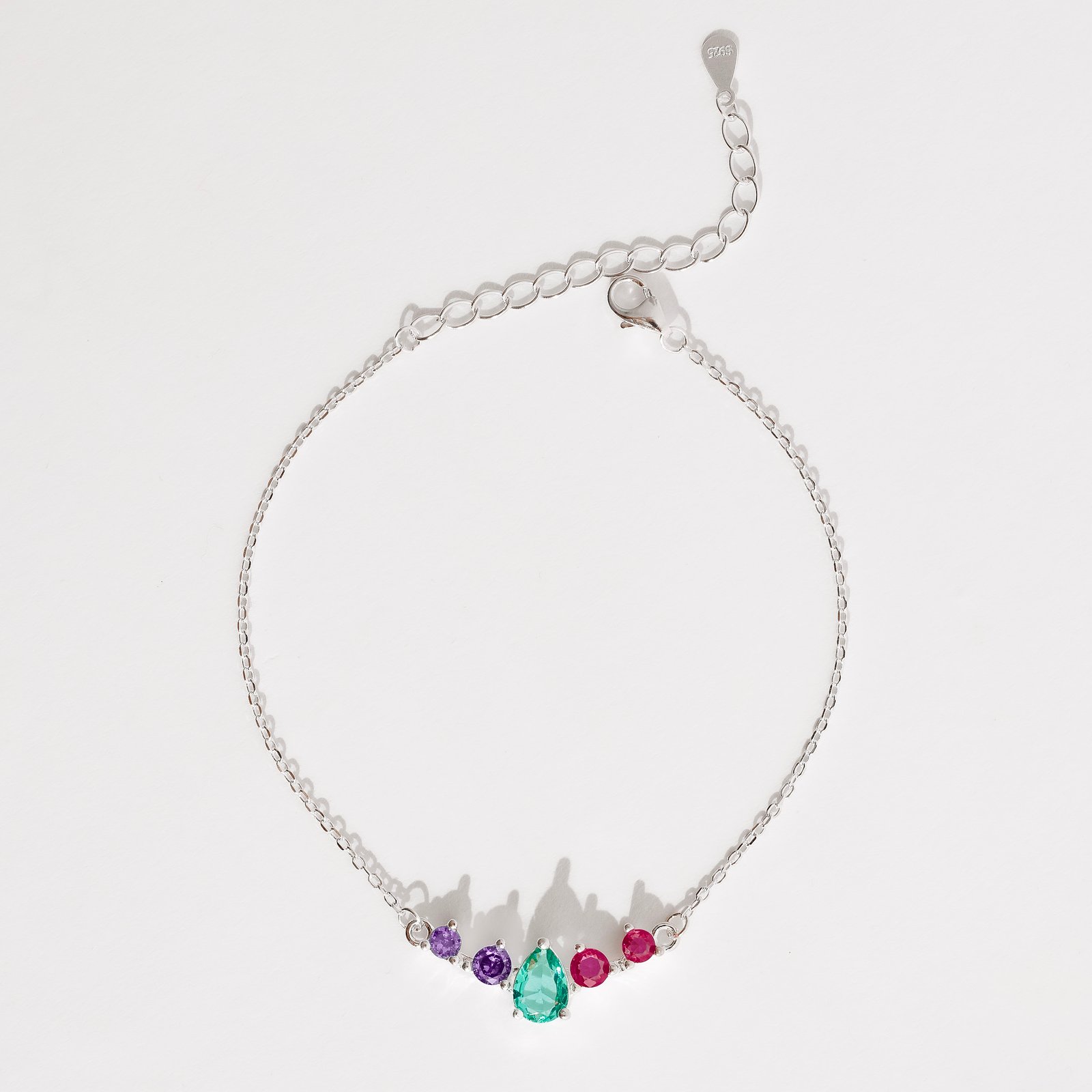 Pulseira entremeio zircônias gota turmalina e redondas lilás e pink