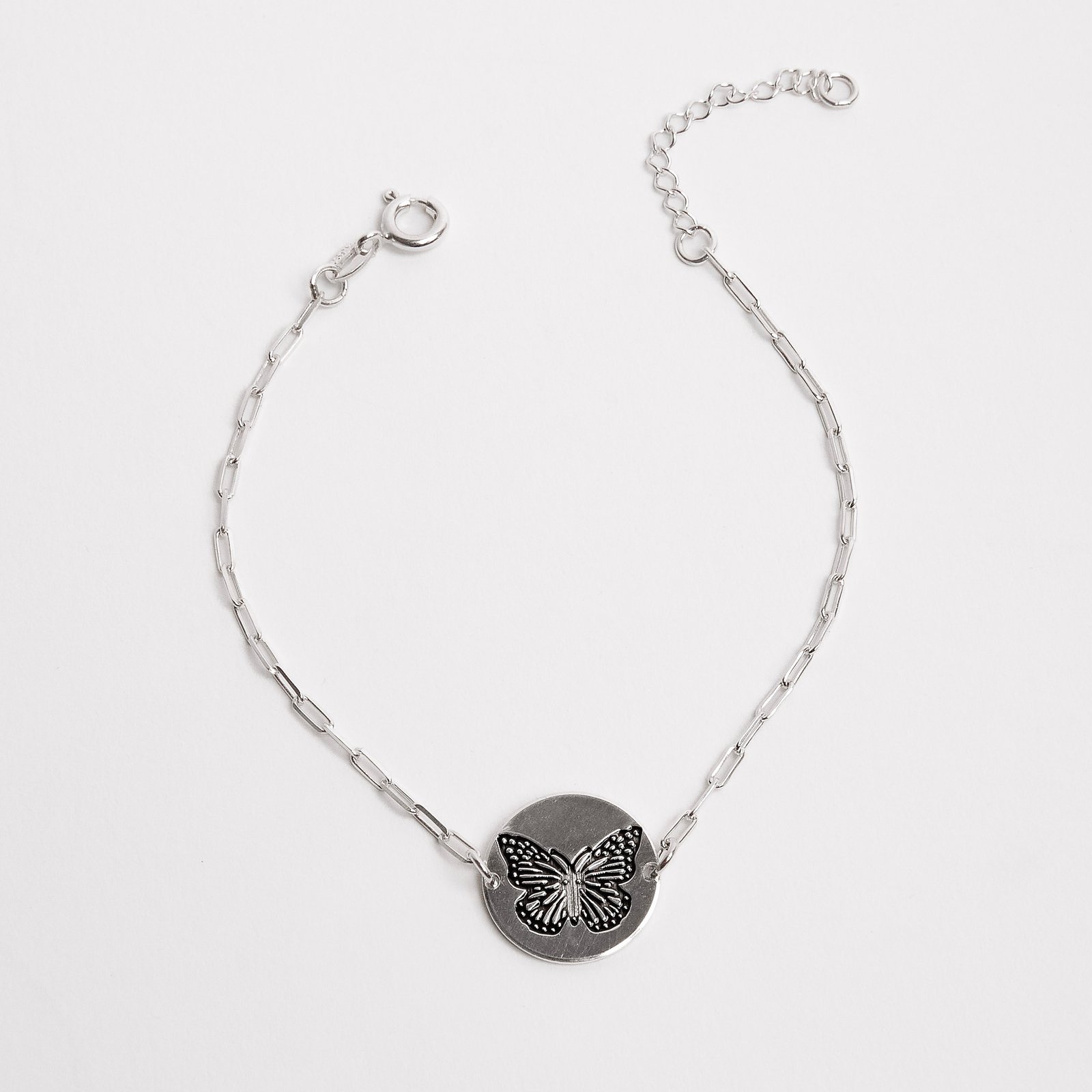 Pulseira entremeio medalha dupla face borboleta e frase 15mm