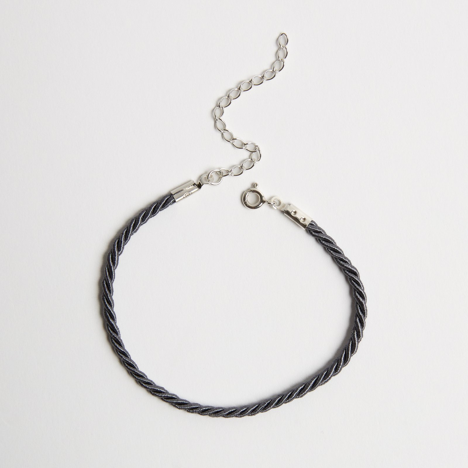 Pulseira cordão trançado cinza 2mm 16cm com alongadora