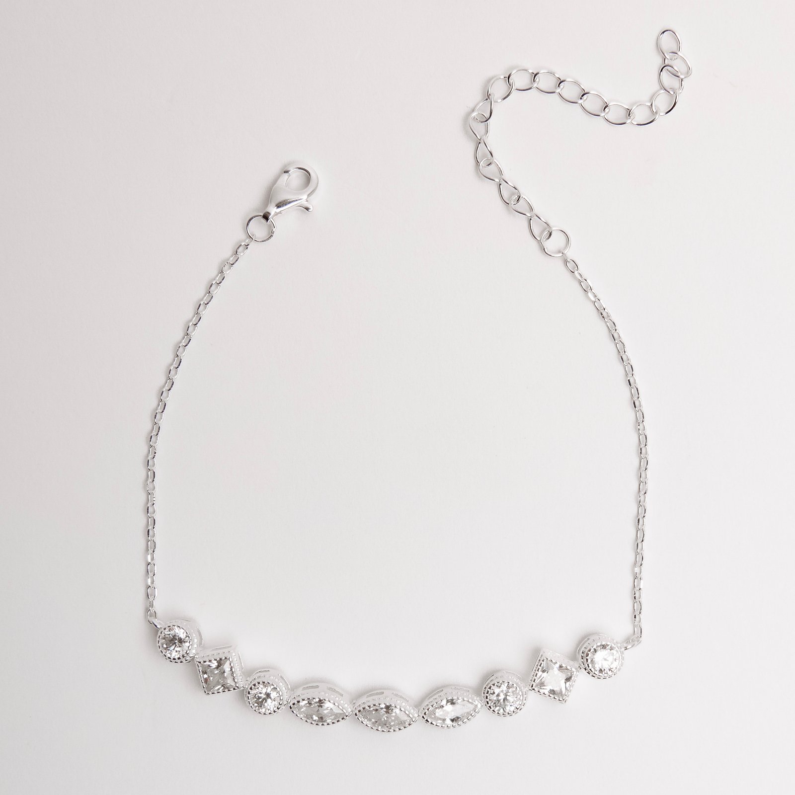 Pulseira entremeio zircônias redonda, losango e navete corrente cadeado 16+4cm