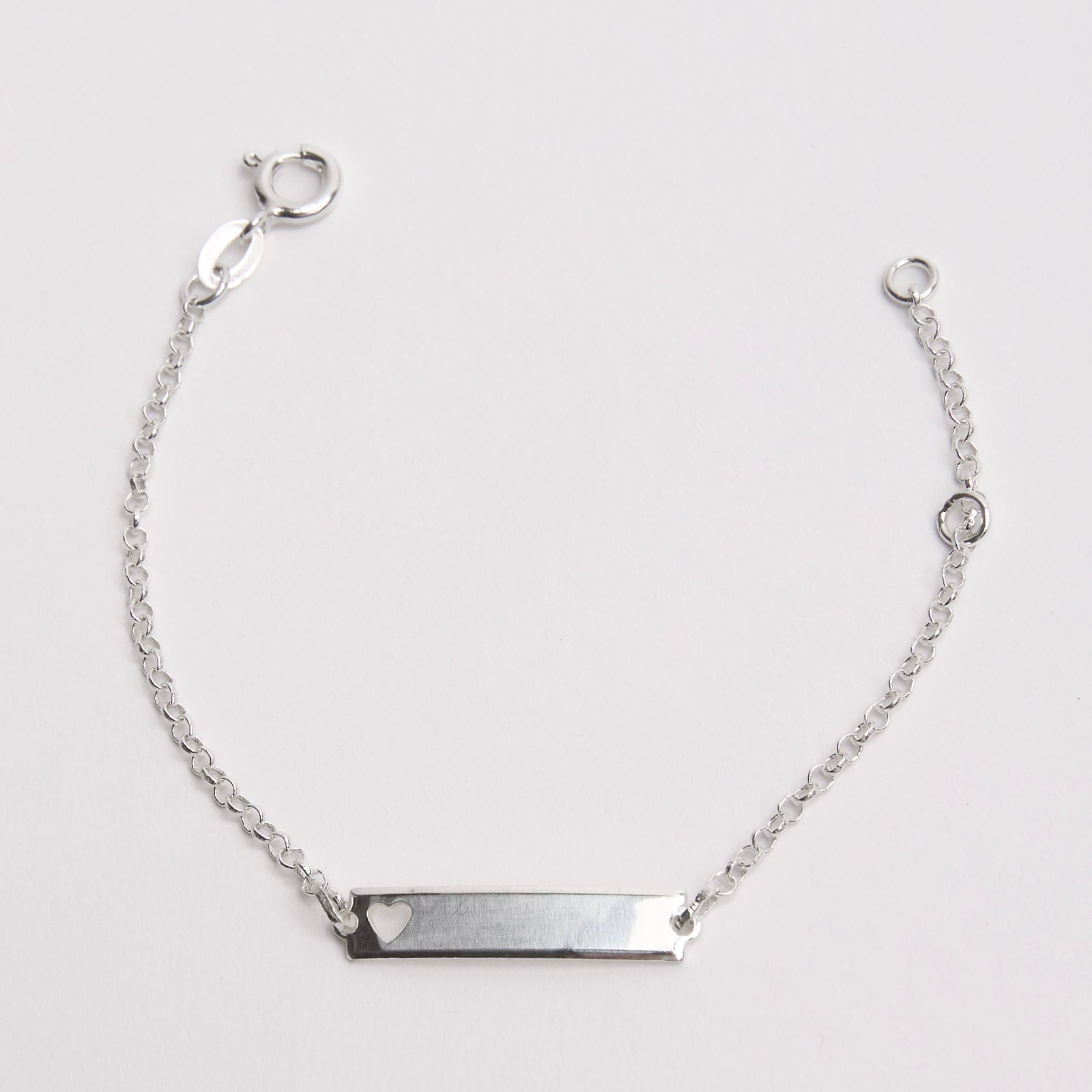 Pulseira infantil entremeio placa com coração vazado 22mm corrente elo português 14cm