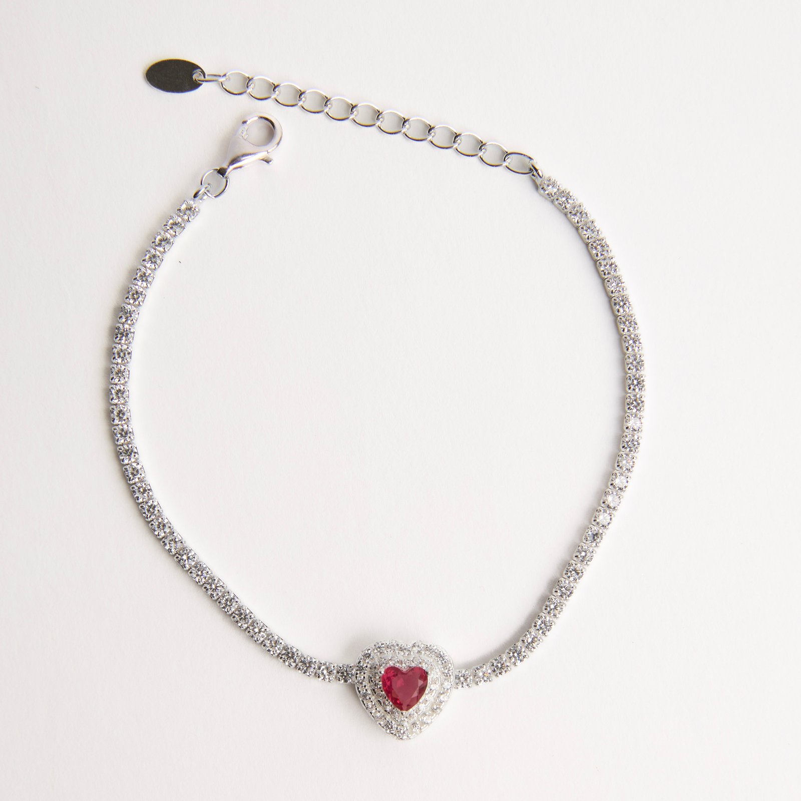 Pulseira Riviera 2.1 zircônia coração rubi com cravejado 16+4cm