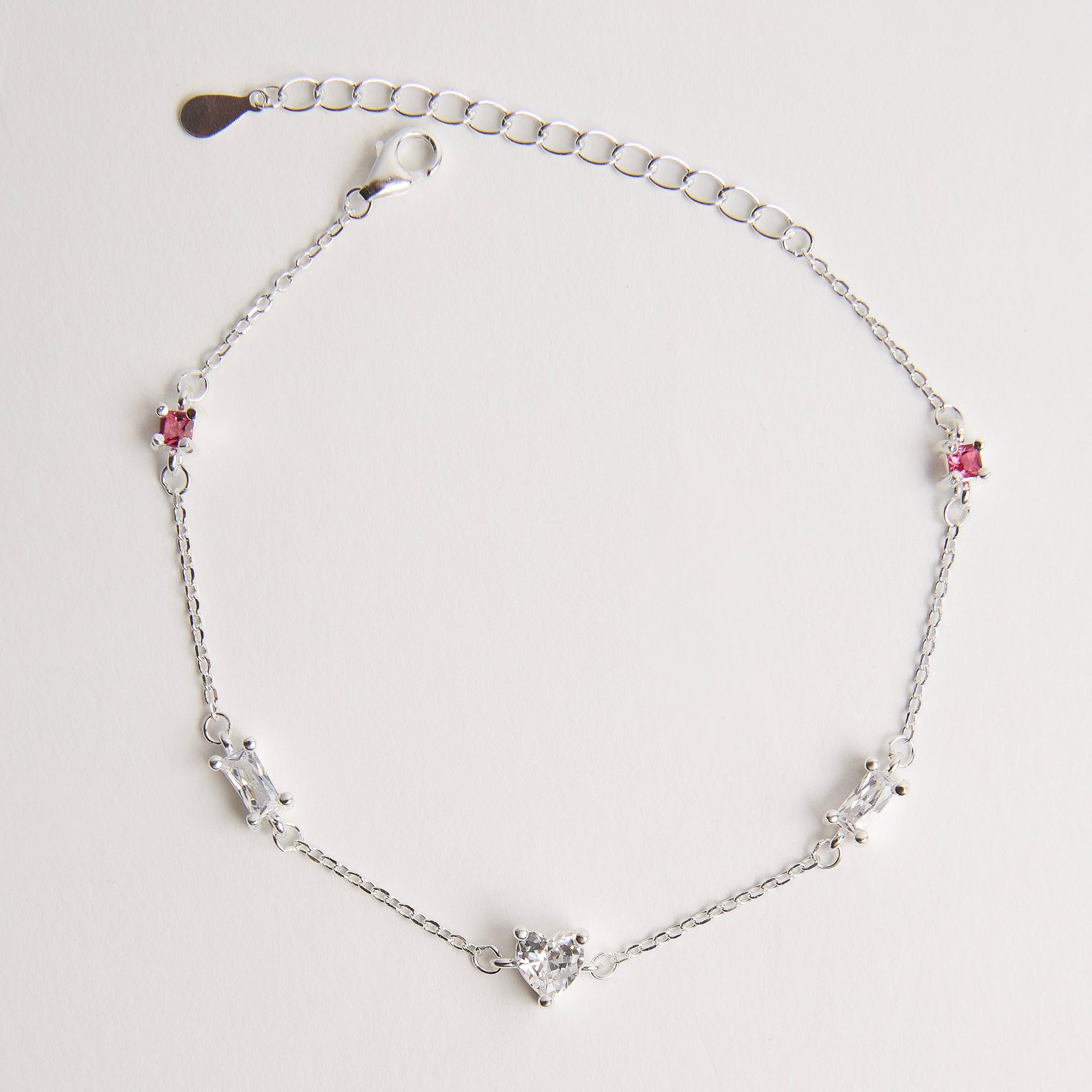Pulseira entremeios zircônias quadrada rubi, retangular e coração cristal 16+4cm