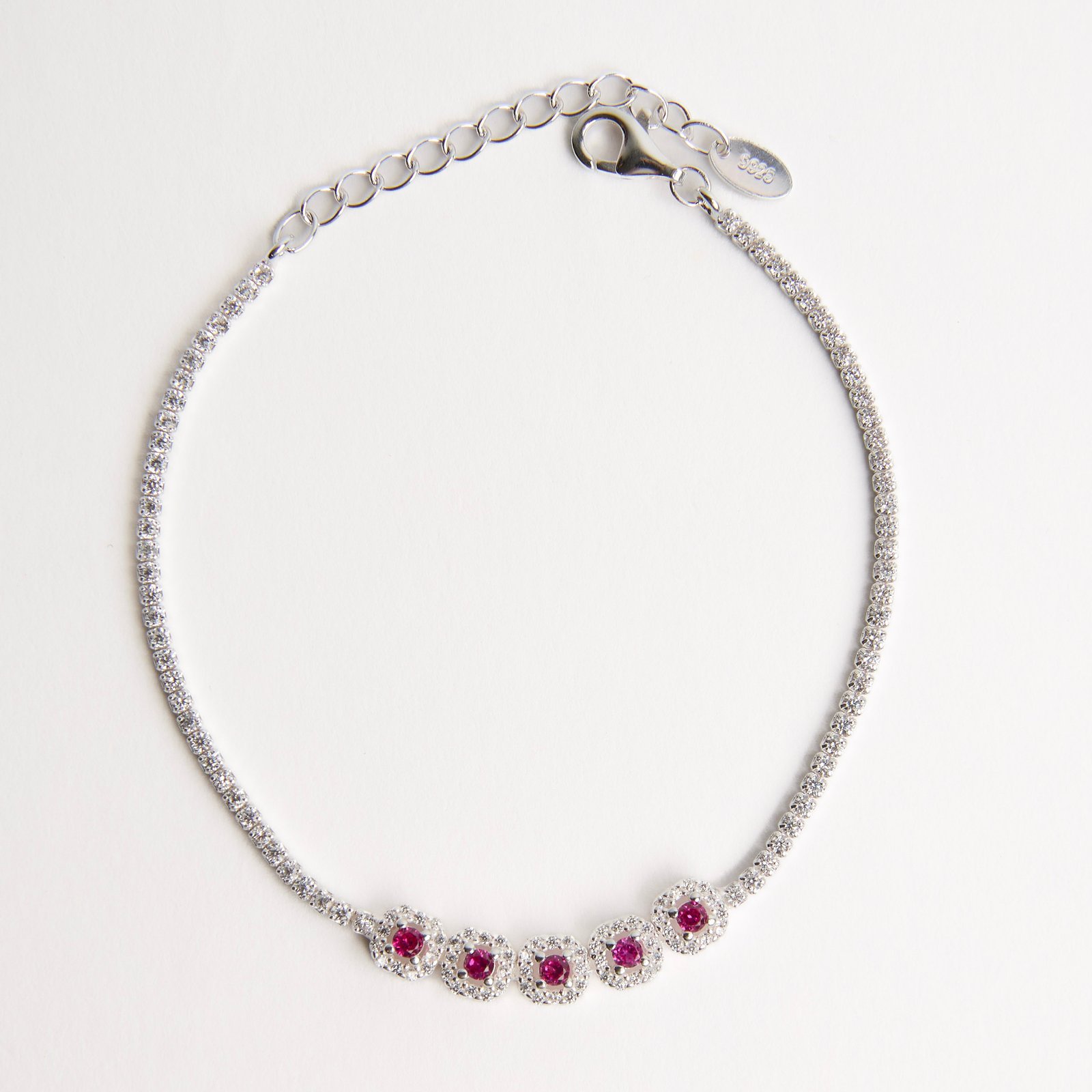Pulseira Riviera entremeio quadrados cravejados detalhe rubi 16+4cm