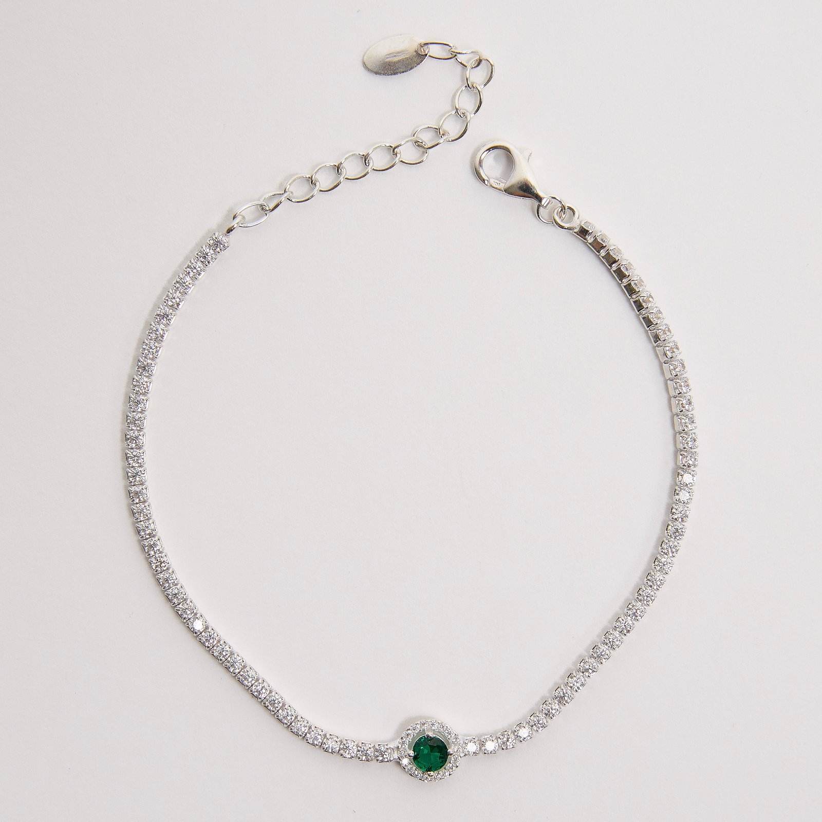 Pulseira Riviera 2mm com círculo vazado cravejado esmeralda 16+4cm