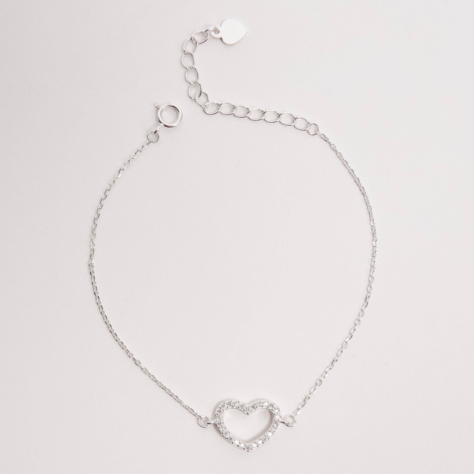 Pulseira entremeio coração vazado cravejado 13mm 16+4cm
