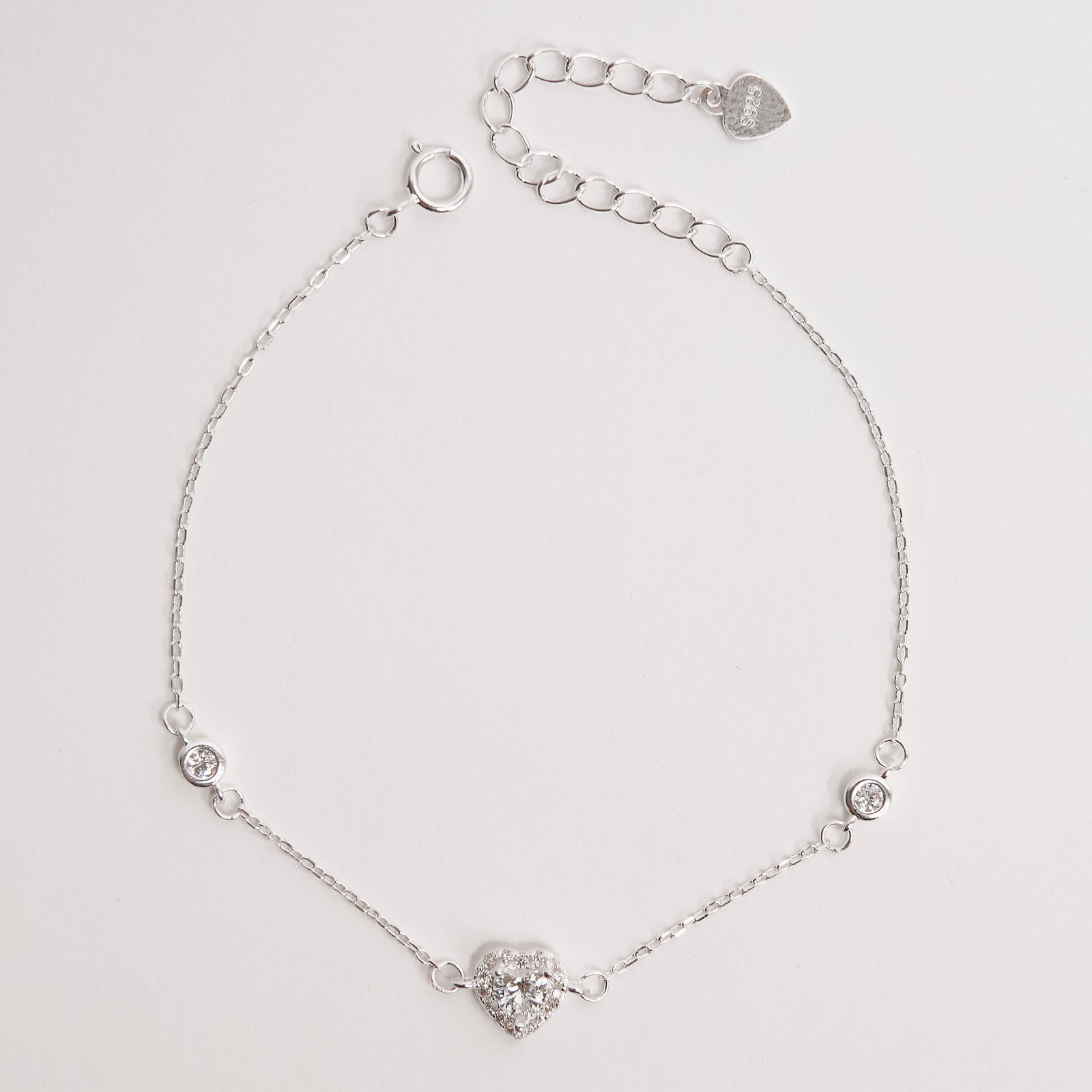 Pulseira entremeios zircônias redonda e coração com cravejado 7mm 16+4cm
