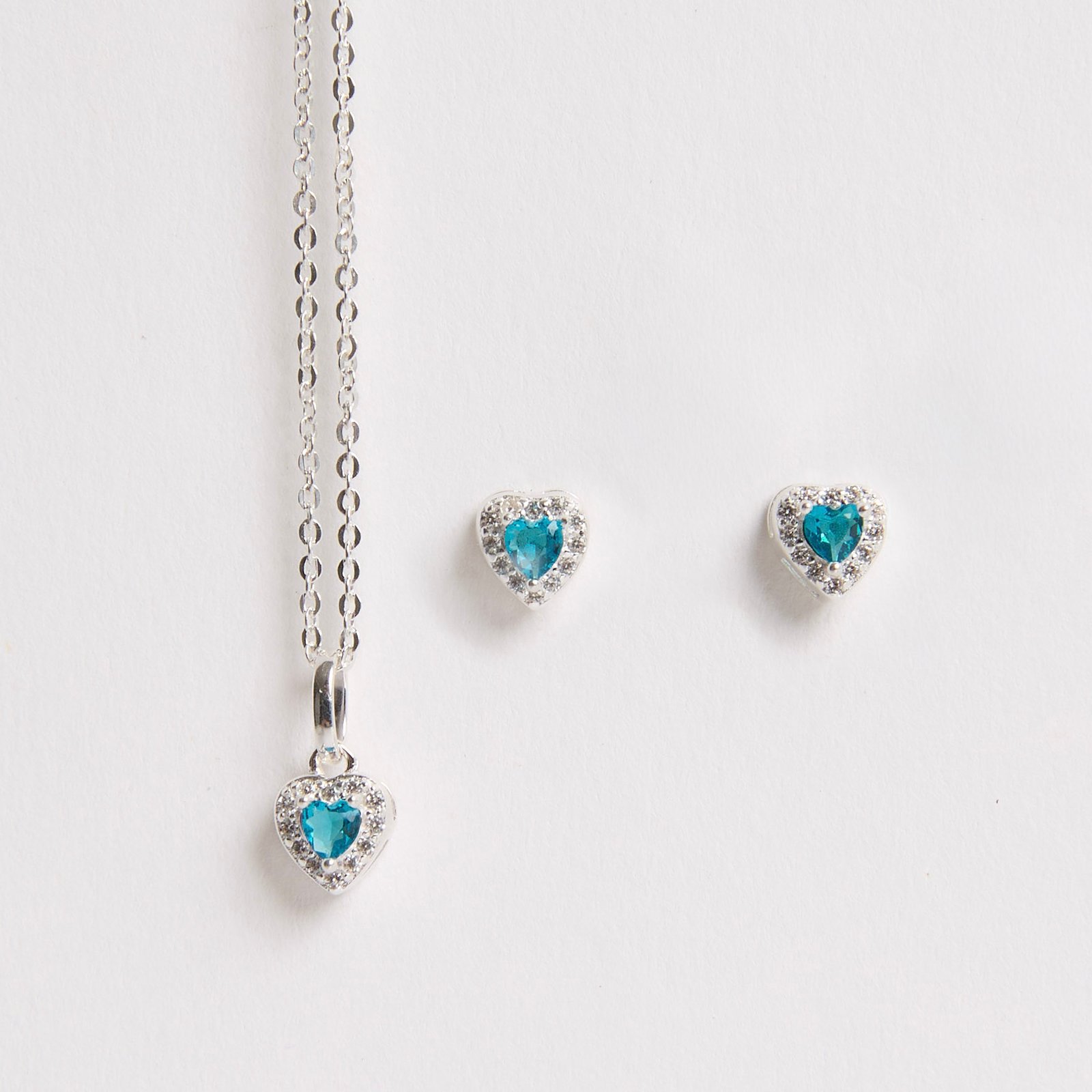 Conjunto brinco e colar zircônia coração azul com cravejado 6mm corrente cadeadinho 40cm